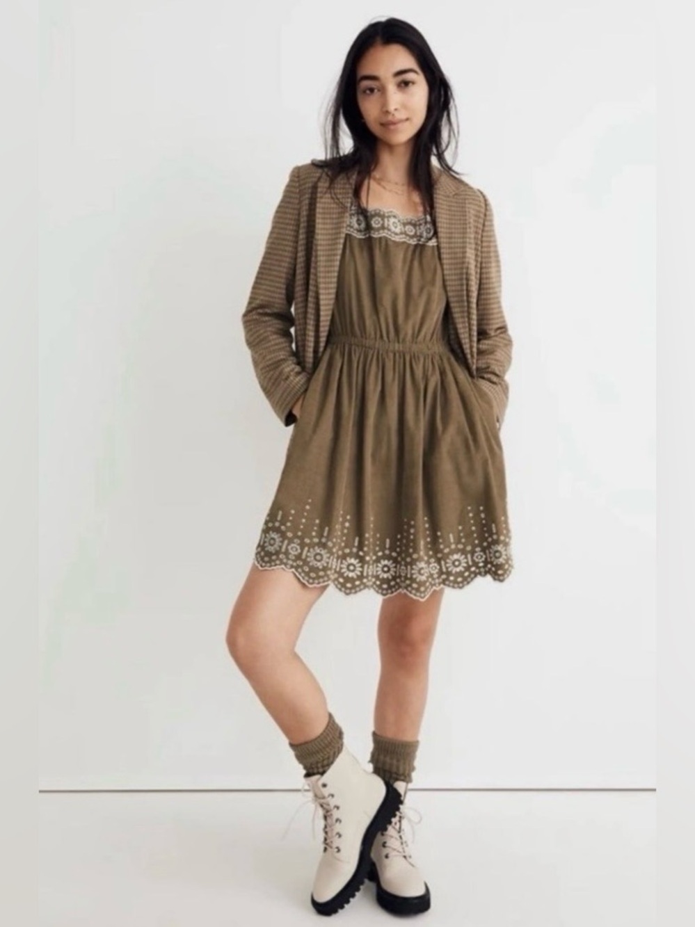 Madewell Olive Green Embroidered Curduroy Square Neck Mini Dress Sz M